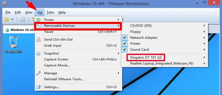 VM Removable Devices panel screenshot